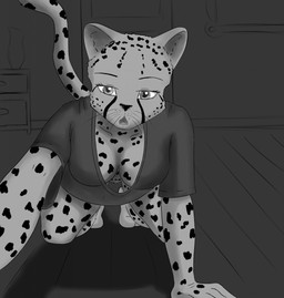 clothed clothing detailed_background down_blouse female first_person_view looking_at_viewer no_underwear shirt solo t-shirt timid topwear ruanshi cheetah felid feline mammal hi_res monochrome