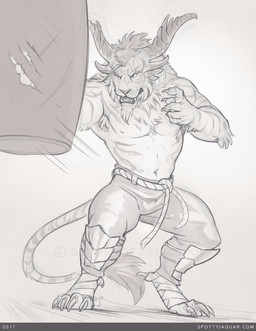 claws clothed clothing exercise horn male muscular muscular_male navel punch punching_bag scar solo standing teeth text topless spottyjaguar guild_wars charr felid mammal 2018 monochrome