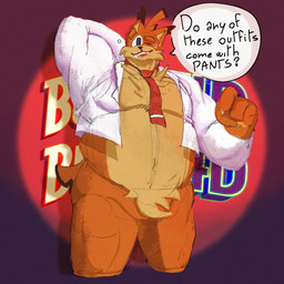 anthro bottomless claws clothed clothing embarrassed featureless_crotch finger_claws fur hair male mature_male musclegut muscular muscular_anthro muscular_male overweight pecs simple_background smile solo speech_bubble tail text topwear undersized_clothing wide_hips ceschi bubsy_(series) bubsy_4d bubsy_bobcat bobcat felid feline lynx mammal 1:1 digital_media_(artwork) english_text