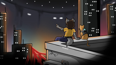 ambiguous_gender anthro belt bottomwear brown_hair building city city_background clothed clothing duo feral fluffy fluffy_tail fur gesture grey_body grey_fur grey_tail hair hand_gesture high_place male orange_body orange_fur orange_tail pants pointing rooftop shirt skyline skyscraper tail topwear unknown_artist stray_(video_game) murtaugh_(stray) canid canine canis felid feline mammal wolf 16:9 hi_res widescreen