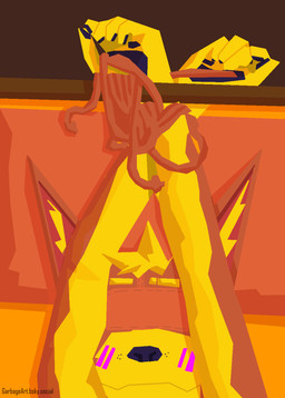 anthro arms_tied bdsm bed blindfold blue_nose blue_pawpads blush bondage bound close-up ear_tuft fur furniture hands_above_head lying lying_on_bed male on_bed orange_body orange_fur orange_pillow pawpads pillow restraints rope rope_bondage solo tied_to_bed tuft yellow_body yellow_fur garbage_art fancy_dawg canid canine canis domestic_dog mammal absurd_res cel_shading digital_media_(artwork) hi_res restricted_palette shaded simple_shading