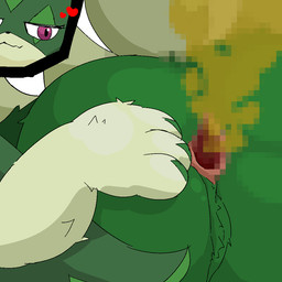 ambiguous_gender anthro anus butt cutaway expression_cutaway fart fart_cloud fart_fetish fur gaping gaping_anus green_body green_fur hand_on_butt heart_symbol looking_at_viewer mouth_closed naughty_face nude paws presenting presenting_anus presenting_hindquarters purple_eyes raised_tail rear_view simple_background solo spread_anus spreading tail toilet_paper_(pixiv) nintendo pokemon felid feline generation_9_pokemon mammal meowscarada pokemon_(species) 1:1 2026 censored digital_media_(artwork) mosaic_censorship