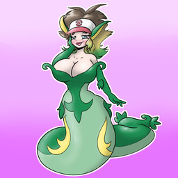apode big_breasts blonde_hair blue_eyes blush blush_lines breasts brown_hair clothing female green_body green_hair hair hand_on_head hat headgear headwear legless long_tail open_mouth open_smile serpentine smile solo split_form tail thick_thighs tied_hair quickcast nintendo pokemon hilda_(pokemon) draconcopode generation_5_pokemon humanoid pokemon_(species) pokemon_humanoid reptile scalie serperior 1:1 colored hi_res