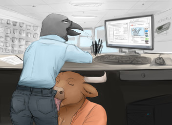 anthro beak clothed clothing computer duo electronics eyes_closed fellatio female horn interspecies male male/female oral penile sex tongue tongue_out under_table doctordj avian bird bovid bovine cattle corvid mammal oscine passerine hi_res