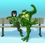 accessory anthro bald bench biceps black_hair blush bodysuit bow_(feature) bow_accessory bow_ribbon clothed clothing crossed_legs duo eyewear female flexing front_view gloves green_body green_skin hair hair_accessory hair_bow hair_ribbon handwear humanoid_on_anthro long_hair male male/female muscular nude on_bench pecs rejection ribbons simple_background sitting skinsuit smile spikes sunglasses teeth tight_clothing tongue tongue_out white_body white_skin wide_hips naughtyjester battletoads my_hero_academia nintendo rareware asui_tsuyu rash_(battletoads) amphibian amphibian_humanoid animal_humanoid frog frog_humanoid humanoid toad_(frog) crossover digital_media_(artwork) hi_res