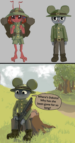 antennae_(anatomy) anthro clothing duo female fur grey_body grey_fur gun hair male military_uniform ranged_weapon red_body red_hair shotgun sitting text tree_stump uniform weapon basedbinkie molb_(artist) arthropod insect mammal mouse murid murine rodent absurd_res comic english_text hi_res