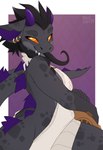 5_fingers anthro black_hair black_tongue border breasts clothed clothed_anthro clothed_female clothing countershade_torso countershading ear_piercing female fingers grey_body grey_scales grey_tail hair horn long_tail looking_at_viewer orange_sclera piercing purple_horn scales simple_background sitting solo sweater tail teeth tongue tongue_out topwear virgin_killer_sweater white_border yellow_eyes wolflady meme_clothing scalie 2024 digital_media_(artwork) meme