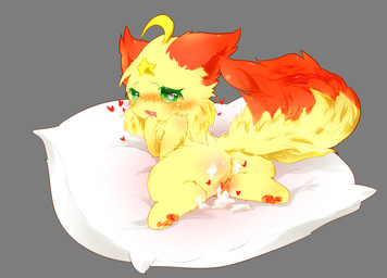 blush bodily_fluids butt chibi cum cum_in_vagina cum_inside cum_on_butt female fur genital_fluids genitals green_eyes grey_background heart_symbol kemono on_pillow open_mouth pillow red_body red_ears red_fur red_tail semi-anthro simple_background solo tail two_tone_tail vulva yellow_body yellow_fur deaic canid canine fox mammal 2017 hi_res