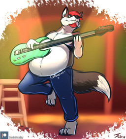 4_toes anthro bass_guitar beard belly black_outline bodily_noises bottomwear clothing countershading denim denim_bottomwear denim_clothing detailed_background extended_sound_effect facial_hair feet fur furniture green_eyes grey_body grey_fur guitar hair holding_musical_instrument holding_object jeans male musical_instrument obese on_one_leg onomatopoeia outline overweight overweight_anthro overweight_male pants plucked_string_instrument red_beard red_facial_hair red_hair rumbling_stomach shirtless shirtless_male solo sound_effect_variant sound_effects standing stool string_instrument text toes tanio artythewulf canid canine canis mammal wolf 2018 digital_media_(artwork) full-length_portrait hi_res portrait