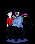ambiguous_gender anthro bell bell_collar blush chair clothing collar furniture male necktie puppet sitting smile smiling_at_viewer solo suit thick_thighs ventriloquism dracozhilla deltarune undertale_(series) friend_(deltarune) spamton_g._spamton felid humanoid mammal digital_media_(artwork) hi_res shaded