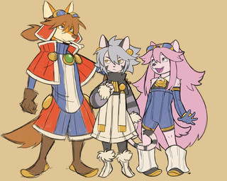 5_fingers anthro biped bone brown_hair clothed clothing eyebrows eyewear eyewear_on_head female fingers goggles goggles_on_head grey_hair group hair long_hair male open_mouth open_smile pink_hair simple_background smile tail trio anaquariusart cyberconnect2 little_tail_bronx solatorobo chocolat_gelato elh_melizee red_savarin canid caninu felid felineko mammal absurd_res hi_res adopted_(lore) adoptive_brother_(lore) adoptive_sibling_(lore) adoptive_sister_(lore)
