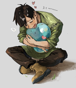 blush domestic_pet duo feral hug male master gokujohoureisen campfire_cooking_in_another_world_with_my_absurd_skill mukoda_tsuyoshi sui_(campfire_cooking) goo_creature human mammal hi_res