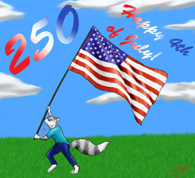 american_flag anthro blue_sky cloud female field fur grass_field grey_body grey_fur holidays running sky solo striped_body striped_fur stripes text united_states_of_america waving_flag white_body white_fur rainfeather 4th_of_july domestic_cat felid feline felis mammal