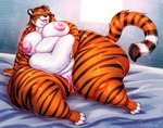 anthro areola aroused bedding belly belly_squish big_belly big_breasts big_butt black_body black_fur blush bodily_fluids breasts brown_hair butt cheek_tuft cute_fangs double_chin facial_tuft fangs fat_rolls female fluffy fluffy_tail fur genital_fluids genitals glistening green_eyes hair hand_on_belly huge_breasts huge_butt huge_thighs inner_ear_fluff innie_pussy leaking leaking_pussy leaning long_hair looking_at_self love_handles neck_tuft nipples nude obese obese_anthro obese_female open_mouth orange_body orange_fur overweight overweight_anthro overweight_female pink_nipples pink_pussy plump_labia pussy simple_background sitting smile solo squish striped_body striped_fur stripes tail teeth thick_thighs tongue tuft vaginal_fluids whiskers white_body white_fur wide_hips vishykin melody_(tawnyscrawnyleo) felid mammal pantherine tiger 2023 digital_drawing_(artwork) digital_media_(artwork) full-length_portrait hi_res portrait