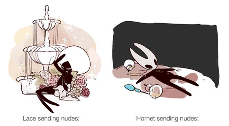 alcohol anthro bed beverage biped black_body black_eyes duo empty_eyes featureless_crotch female flower fountain furniture lifeblood looking_at_viewer lying mouthless nude on_back on_bed on_side plant sending_nudes simple_background sparkles text white_background white_body white_eyes katatsumu_ktkt hollow_knight:_silksong hollow_knight_(franchise) team_cherry hornet_(hollow_knight) lace_(hollow_knight:_silksong) arthropod 2026 digital_drawing_(artwork) digital_media_(artwork) english_text meme