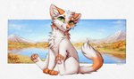 ambiguous_gender cheek_tuft chest_tuft closed_smile facial_tuft feral fur green_eyes green_sclera inner_ear_fluff looking_at_viewer markings mouth_closed neck_tuft orange_ears orange_markings pawpads pink_pawpads sitting smile solo tail tuft white_body white_fur white_inner_ear_fluff bloominglynx domestic_cat felid feline felis mammal hi_res