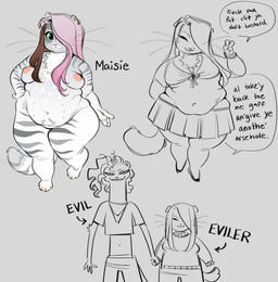 >:3 anthro belly belly_overhang bottomwear breasts cleavage clothed clothing duo female female/female fur gesture green_sclera hair hair_over_eye hand_gesture hand_holding multi_nipple multicolored_hair nipples nude overweight overweight_anthro overweight_female profanity scottish_accent shortstack size_difference skirt solo_focus striped_body striped_fur stripes two_tone_hair v_sign wide_hips glacierclear charlie_(glacierclear) maisie_(glacierclear) domestic_cat domestic_ferret felid feline felis mammal mustelid musteline scottish_fold true_musteline weasel 2025 hi_res monochrome