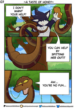alternate_species anthro black_body black_fur black_hair blue_eyes blush body_outline brown_body dialogue duo feral feral_pred fur hair male multicolored_body multicolored_fur nude_anthro nude_male plant speech_bubble tail text tree two_tone_body two_tone_fur vore white_body white_fur yellow_sclera outletdraws the_jungle_book kaa_(jungle_book) outlet_(outletdraws) domestic_cat felid feline felis mammal python reptile scalie snake 2026 comic english_text hi_res