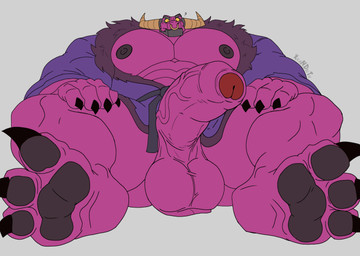 3_toes 4_fingers abs anthro ball balls balls_on_ground barazoku belt biceps big_balls big_hands big_muscles big_pecs big_penis biped claws clothing confusion erection eyebrows facial_piercing feet fingers foreskin front_view fur genitals horn huge_balls huge_muscles huge_pecs huge_penis humanoid_genitalia humanoid_penis large_paws looking_at_viewer loose_foreskin male metal_jaw muscular muscular_anthro muscular_male nipples nose_piercing nose_ring nude pawpads pecs penis piercing pink_body pink_fur pose pupils question_mark ring_piercing robe robe_only saggy_balls simple_background solo toes yellow_sclera xyandrith lego lego_monkie_kid demon_bull_king bovid bovine cattle demon dinosaur mammal prehistoric_species reptile saurischian scalie theropod absurd_res hi_res