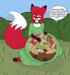 abdominal_bulge anthro bottomless bra clothed clothing digestion dress duo eyewear female female_pred female_prey glasses internal kneeling solo text underwear vore carnivorousvixen no_evil kitty_(kajortoq) wrip canid canine fox lagomorph mammal absurd_res english_text hi_res