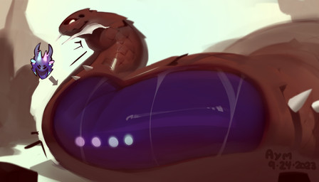 4_eyes abdominal_bulge ambiguous_gender ambiguous_pred ambiguous_prey black_eyes black_sclera brown_body brown_scales day duo empty_eyes feral feral_pred feral_prey fully_inside horn inside_stomach internal jagged_mouth legless looking_at_viewer monotone_body monotone_scales multi_eye neck_bulge oral_vore outside purple_body purple_skin same_size_vore scales side_view sky soft_vore spikes spikes_(anatomy) tongue tongue_out translucent translucent_body vore white_eyes white_horn x-ray_view aymbord calamity_(terraria_mod) terraria desert_scourge_(terraria_mod) the_devourer_of_gods_(terraria_mod) scalie 2023 colored dated digital_media_(artwork) hi_res shaded signature