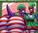 anthro big_breasts big_butt breasts butt clothing confusion curvy_figure dress duo female female/female footwear holidays nikte_(irc) socks surprise surprised_expression thick_thighs voluptuous irc_(artist) christmas stephanie_(irc) apodiform avian bird hirundinid hummingbird oscine passerine swallow_(bird) absurd_res hi_res