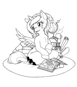 book cutie_mark feathered_wings feathers female globe horn smile solo wings young longinius friendship_is_magic hasbro my_little_pony mythology princess_luna_(mlp) equid equine mammal mythological_creature mythological_equine winged_unicorn 2014 black_and_white line_art monochrome traditional_media_(artwork)