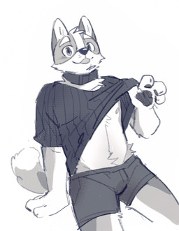 anthro blep bottomwear cheek_tuft clothed clothing clothing_lift collar facial_tuft head_tuft leaning leaning_backward looking_at_viewer male nipples shirt shirt_lift simple_background sitting solo tongue tongue_out topwear tuft unsigned asnnonaka canid canine canis domestic_dog mammal hi_res monochrome
