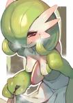 blush bodily_fluids breasts breath collarbone female green_hair hair hair_over_eye half-closed_eyes leaning leaning_forward looking_at_viewer narrowed_eyes nipples not_furry one_eye_obstructed pseudo_clothing red_eyes short_hair small_breasts smile solo standing steam sweat glo-s-s nintendo pokemon gardevoir generation_3_pokemon pokemon_(species) hi_res