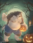 anthro belly bottomwear candle candy cemetery claws clothing dessert eyewear food fruit glasses holidays jack-o'-lantern male nipples obese overweight overweight_anthro overweight_male plant pumpkin shorts solo tail trick-or-treating mr.puerco halloween mythology border_collie canid canine canis collie domestic_dog herding_dog mammal mythological_canine mythological_creature pastoral_dog sheepdog werecanid werecanine werecreature weredog absurd_res hi_res