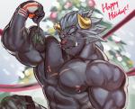 abs anthro biceps bottomwear camo camo_bottomwear camo_clothing camo_pants camo_print clothing holidays holly_(plant) horn kissing_bough male muscular muscular_anthro muscular_male nipple_piercing nipples pants pattern_bottomwear pattern_clothing pattern_pants pecs piercing plant scar solo text kalchivo christmas lifewonders tokyo_afterschool_summoners krampus_(tas) felid feline mammal english_text hi_res