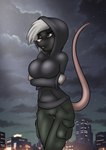 anthro big_breasts black_body bottomwear breasts city clothed clothing cloud danaume detailed_background female hair hi_res hoodie looking_aside mammal mouse murid murine night outside pants rodent self_hug sky solo standing star teeth topwear white_hair young