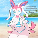 anthro anthrofied beach big_breasts bikini blue_sclera bow_ribbon bra breasts clothed clothing dialogue female fur huge_breasts looking_at_viewer master panties pink_body pink_fur pokemorph ribbons smile solo swimwear tail talking_to_viewer text thick_thighs two-piece_swimsuit underwear white_body white_eyes white_fur wide_hips evaacii nintendo pokemon eeveelution generation_6_pokemon pokemon_(species) sylveon 1:1 2025 digital_drawing_(artwork) digital_media_(artwork) english_text hi_res