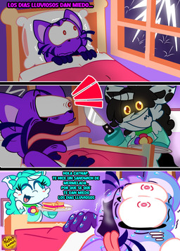 anthro blue_hair bodily_fluids duo female food hair horn knife male purple_body raining sandwich_(food) scared sweat sweatdrop text white_body rocketlennon mob_entertainment mythology poppy_playtime smiling_critters catnap_(poppy_playtime) craftycorn domestic_cat equid equine felid feline felis mammal mythological_creature mythological_equine unicorn absurd_res comic hi_res spanish_text