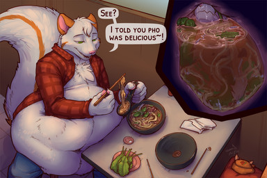 abdominal_bulge anthro body_outline character_prepared_as_food digestion duo food food_fetish food_in_stomach food_play full_stomach inside_stomach internal male male/male male_pred oral_vore prey_outline size_difference soup vore nommz mikhail_(character) mammal rodent sciurid tree_squirrel 3:2