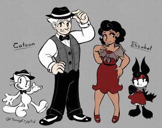 1920s_theme anthro clothing dress duo fedora female hat headgear headwear male red_clothing red_dress toonycryptid catoon_(toonycryptid) eliza_(toonycryptid) bat domestic_cat felid feline felis human mammal digital_drawing_(artwork) digital_media_(artwork) hi_res