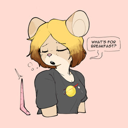 anthro asking black_text blonde_hair breasts brown_hair clothed clothed_anthro clothed_female clothing countershading dialogue eyebrow_through_hair eyebrows eyelashes eyes_closed female female_anthro front_view fur grey_clothing grey_shirt grey_topwear hair just_woke_up multicolored_hair open_mouth pink_nose pink_tail question shirt simple_background small_breasts solo tail tan_body tan_countershading tan_ears tan_fur tan_inner_ear text thin_eyebrows tired topwear translucent translucent_hair two_tone_hair conditional_dnp sonokido ventura_city_drifters ivy_fowler mammal mouse murid murine rodent 1:1 2021 digital_drawing_(artwork) digital_media_(artwork) english_text half-length_portrait portrait