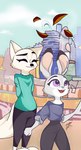 anthro clothed clothing detailed_background duo eyes_closed female female/female fully_clothed leaf open_mouth open_smile outside purple_eyes smile bubblecop disney zootopia judy_hopps skye_(zootopia) arctic_fox canid canine fox lagomorph leporid mammal rabbit true_fox hi_res signature