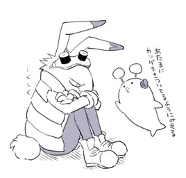 anthro biped bodily_fluids clothed clothing crying dialogue duo eyewear feral footwear goggles shoes simple_background tears text white_background ichthy0stega summer_wars king_kazma aquatic lagomorph leporid mammal pinniped rabbit 2015 japanese_text monochrome translation_request