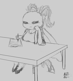antennae_(anatomy) anthro breasts cleavage clipboard clothed clothing coat female frown furniture holding_object holding_pencil holding_writing_utensil lab_coat non-mammal_breasts pencil_(object) scientist shortstack sitting solo table topwear wings writing_text writing_utensil napalm_express arthropod insect lepidopteran moth hi_res monochrome