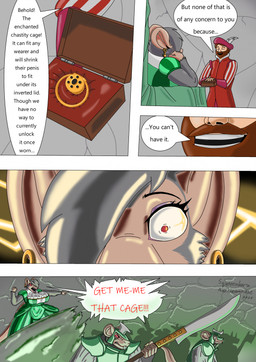 angry anthro armor beard big_breasts black_body black_fur box breasts brown_hair chastity_cage chastity_device clothing container dialogue dress ear_piercing ear_ring facial_hair fur gender_symbol gold_(metal) gold_chastity_cage gold_chastity_device gold_jewelry green_clothing green_dress grey_body grey_fur gynomorph hair hair_over_eye hat headgear headwear huge_breasts intersex jewelry male male_symbol piercing ring_piercing symbol text weapon skueeeakerz warhammer_(franchise) skal_maneater human mammal rodent skaven comic english_text hi_res busty_boy_(lore)