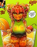 accessory bare_shoulders big_breasts bottomwear breasts cherry clothing female food fruit glass green_background green_clothing green_eyes green_shirt green_topwear hair hair_accessory heart_eyes heart_symbol hotpants juice_(beverage) looking_at_viewer micro not_furry open_mouth orange_(fruit) orange_body orange_hair orange_juice plant shirt shorts simple_background solo text topwear morbidlycutecrunch toko_(morbidlycutecrunch) goo_creature goo_humanoid humanoid absurd_res english_text hi_res