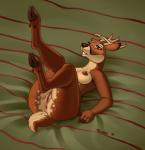 anthro antlers anus bed biped black_nose breasts butt female furniture genitals hooves horn legs_up lying nipples on_back presenting pussy red_eyes solo thick_thighs unguligrade wide_hips siyah deer mammal new_world_deer reindeer 2014