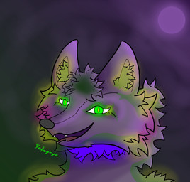 anthro female fur glowing glowing_body glowing_eyes glowing_fur green_body green_eyes green_fur open_mouth open_smile purple_body purple_fur smile solo fefoynya fefoyna canid canine fox mammal absurd_res headshot_portrait hi_res portrait