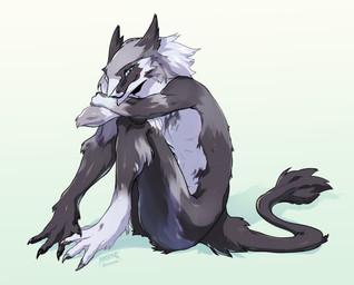 anthro blue_eyes butt female flat_chested fur grey_body grey_fur looking_at_viewer nude smile solo tail masvino sergal better_version_at_paywall hi_res nonbinary_(lore)