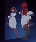 after_transformation anthro big_breasts big_butt blue_eyes breast_squish breasts brown_body brown_fur butt female fur hair kemono light_censorship mirror mirror_reflection nude on_one_leg open_mouth pawpads paws plantigrade poster red_hair reflection scared sharp_teeth simple_background slightly_chubby solo species_transformation squish standing teeth transformation barghsac gundam mobile_suit_gundam_the_witch_from_mercury guel_jeturk suletta_mercury canid canine mammal raccoon_dog tanuki absurd_res hi_res