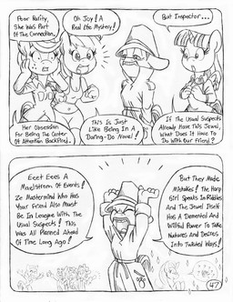 anthro back_wings bell bottomwear clothed clothed_anthro clothed_female clothed_male clothing coat cowboy_outfit cutie_mark detective dialogue eyelashes facial_hair female freckled_face freckles fully_clothed fully_clothed_anthro fully_clothed_female fully_clothed_male group harp hat headgear headwear horn male musical_instrument mustache plucked_string_instrument shirt shorts spandex spandex_shorts speech_bubble string_instrument sweater sweater_vest tank_top text tight_bottomwear tight_clothing tight_shorts topwear trenchcoat unicorn_horn vest wings yelling circe_(artist) friendship_is_magic hasbro my_little_pony mythology pink_panther_(series) applejack_(mlp) blue_nile_(mlp) chico_marx groucho_marx harpo_marx inspector_jacques_clouseau louise_the_singing_harp_(mlp) marx_brothers rainbow_dash_(mlp) twilight_sparkle_(mlp) earth_pony equid equine horse mammal mythological_creature mythological_equine pegasus pony unicorn winged_unicorn comic english_text monochrome traditional_media_(artwork)
