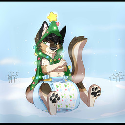 4_toes ambiguous_gender angry anthro big_diaper black_ear_tips black_hair black_nose black_pawpads brown_body brown_fur brown_tail button_(fastener) christmas_clothing christmas_decorations christmas_lights clean_diaper clothed clothing crossed_arms detailed_background diaper dipstick_ears ear_markings feet frown fur green_clothing green_hoodie green_topwear hair holidays hoodie inner_ear_fluff multicolored_body multicolored_ears multicolored_fur multicolored_tail narrowed_eyes outside pattern_diaper pawpads pink_inner_ear sitting sky snow snowing solo tail tan_body tan_fur tan_inner_ear_fluff tan_tail three-quarter_view toes topwear tuft twig wearing_diaper whisker_spots jupiters christmas jack_cabbit domestic_cat felid feline felis hybrid lagomorph leporid mammal rabbit 1:1 full-length_portrait hi_res letterbox portrait