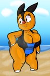 anthro beach belly big_breasts breast_squish breasts brown_eyes cleavage cleavage_overflow clothed clothing curvy_figure detailed_background eyelashes fangs feet female fingers hand_on_hip huge_breasts one-piece_swimsuit orange_body orange_skin sea seaside slightly_chubby smile solo squish standing swimwear teeth thick_thighs voluptuous water wide_hips someth1ngoranother nintendo pokemon marigold_(someth1ngoranother) generation_5_pokemon mammal pignite pokemon_(species) suine 2021 absurd_res digital_media_(artwork) hi_res