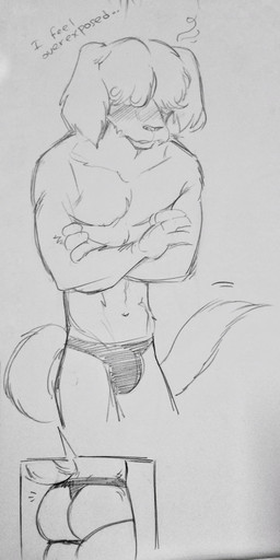 anthro big_butt blush bulge butt clothed clothing crossed_arms fur hair hair_over_eye jockstrap male muscular muscular_anthro muscular_male shy solo standing tail text topless topless_male underwear manu_usi beastars collot_(beastars) canid canine canis domestic_dog herding_dog mammal old_english_sheepdog pastoral_dog sheepdog absurd_res hi_res traditional_media_(artwork)